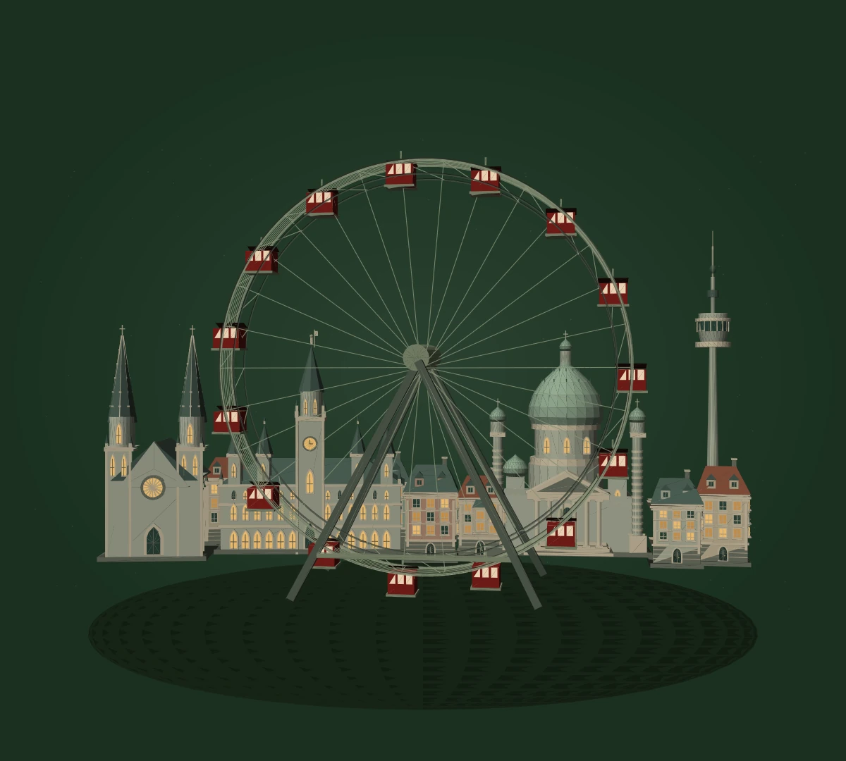 The Vienna Ferris wheel in front of the Votive Church, City Hall, St. Charles Church, Danube Tower and Viennese houses with warmly lit windows.